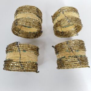 Pier One‎ Set Of 4 Beaded Napkin Rings Beautiful Green And Gold Metal Beads